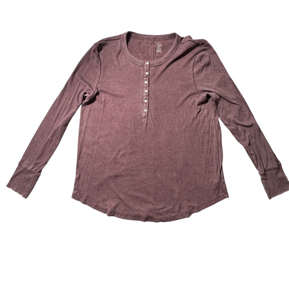 Aerie Henley Top Women XXL Purple Ribbed Real Soft Long Sleeve Casual Cozy